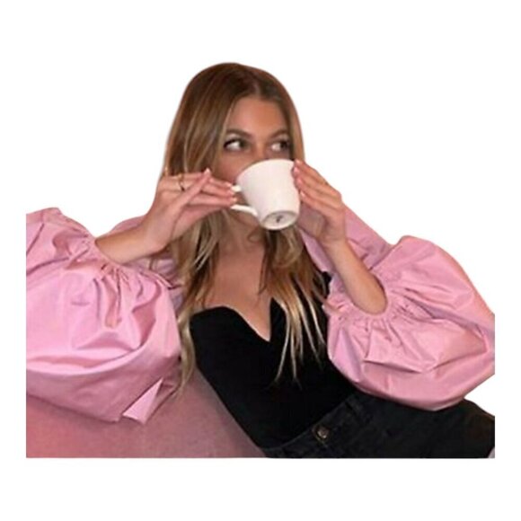 ZARA XL Pink Velvet Puff Sleeve Top - Picture 2 of 5